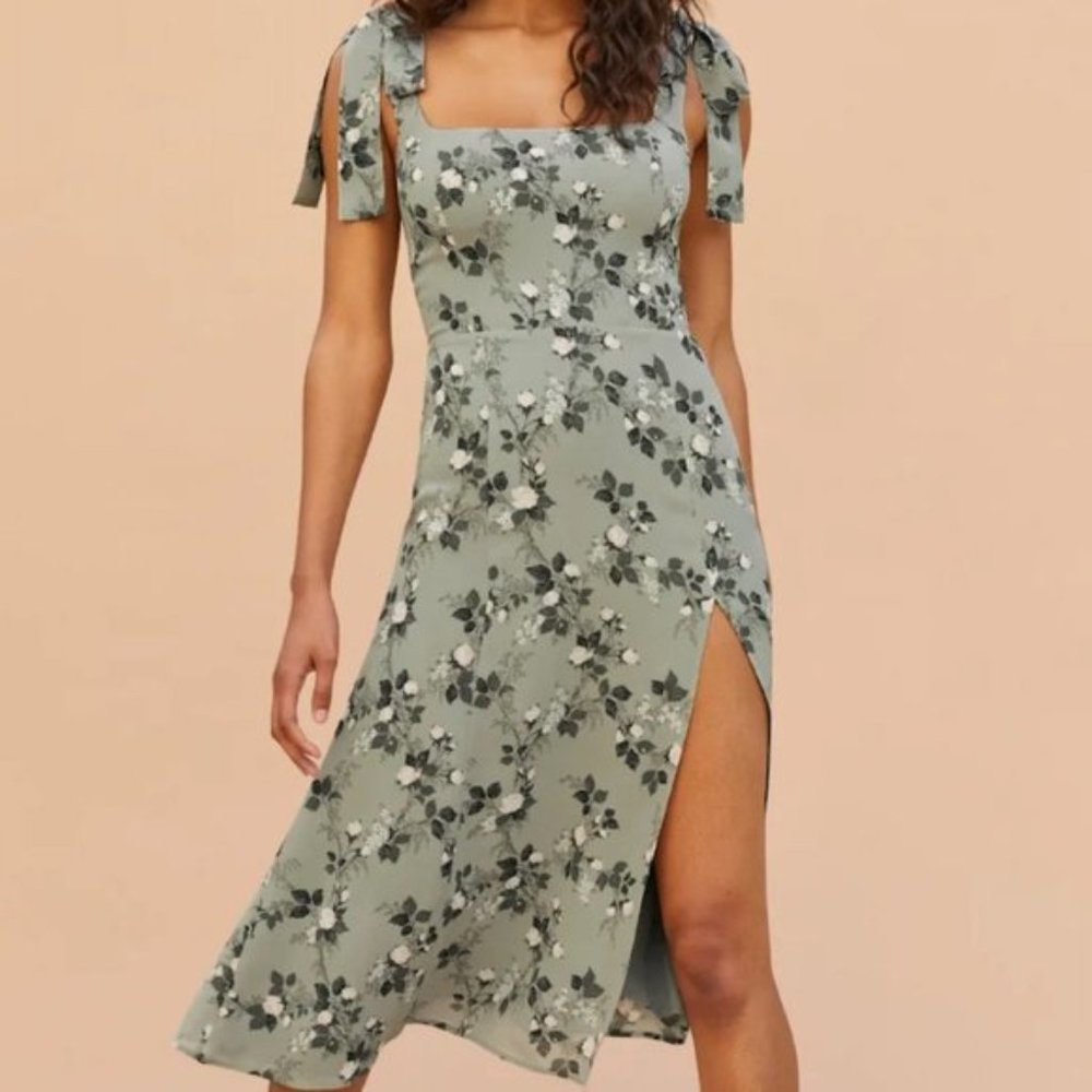 NWOT Reformation Twilight Dress in Verde Green White Floral Midi Tie Straps - Picture 7 of 14